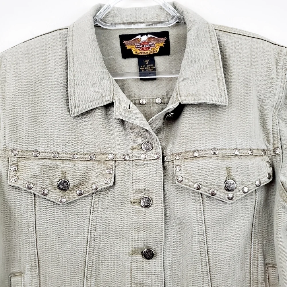 Harley Davidson | Taupe Studded Denim Crop Jacket - Picture 3 of 8